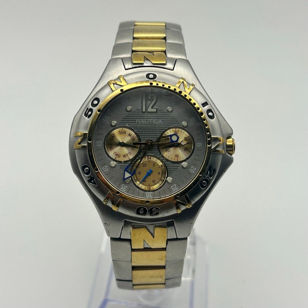 NAUTICA Two-tone Gray Dial Men’s Chronograph Watch Working New Battery